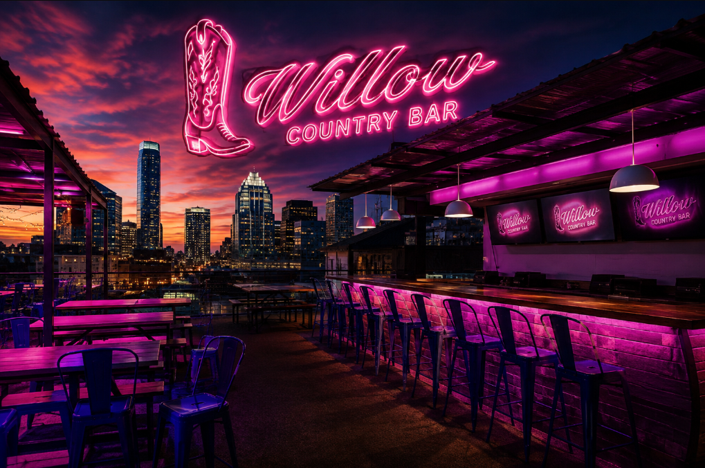 Willow Country Bar Austin rooftop with glowing pink neon boot sign, city skyline, and outdoor bar seating